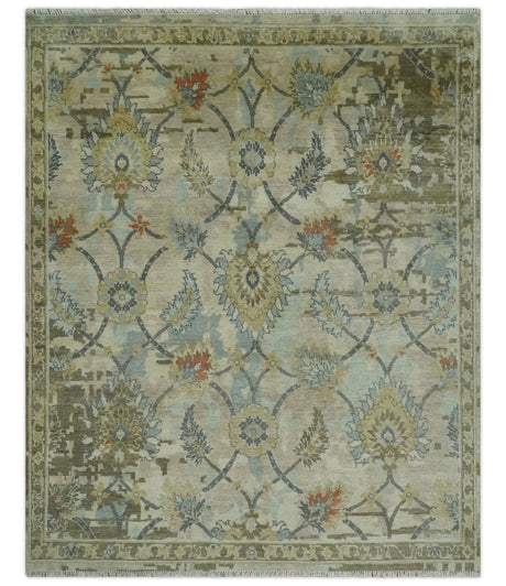 Antique Style Beige, Green and Gray Hand Knotted Traditional Oriental 8x10 wool area Rug