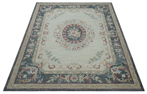 Antique Style Beige and Charcoal Aubusson design Hand Tufted 8x10 wool Area Rug