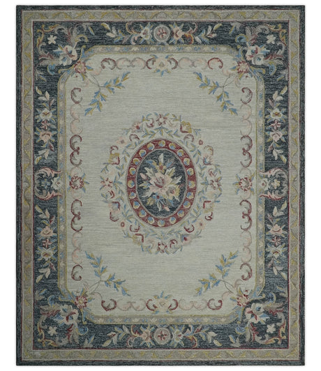 Antique Style Beige and Charcoal Aubusson design Hand Tufted 8x10 wool Area Rug