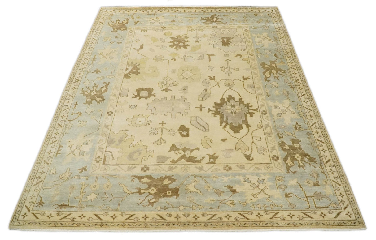 Antique Style Fine 9x13 Hand Knotted Beige, Silver and Brown Traditional Wool Rug