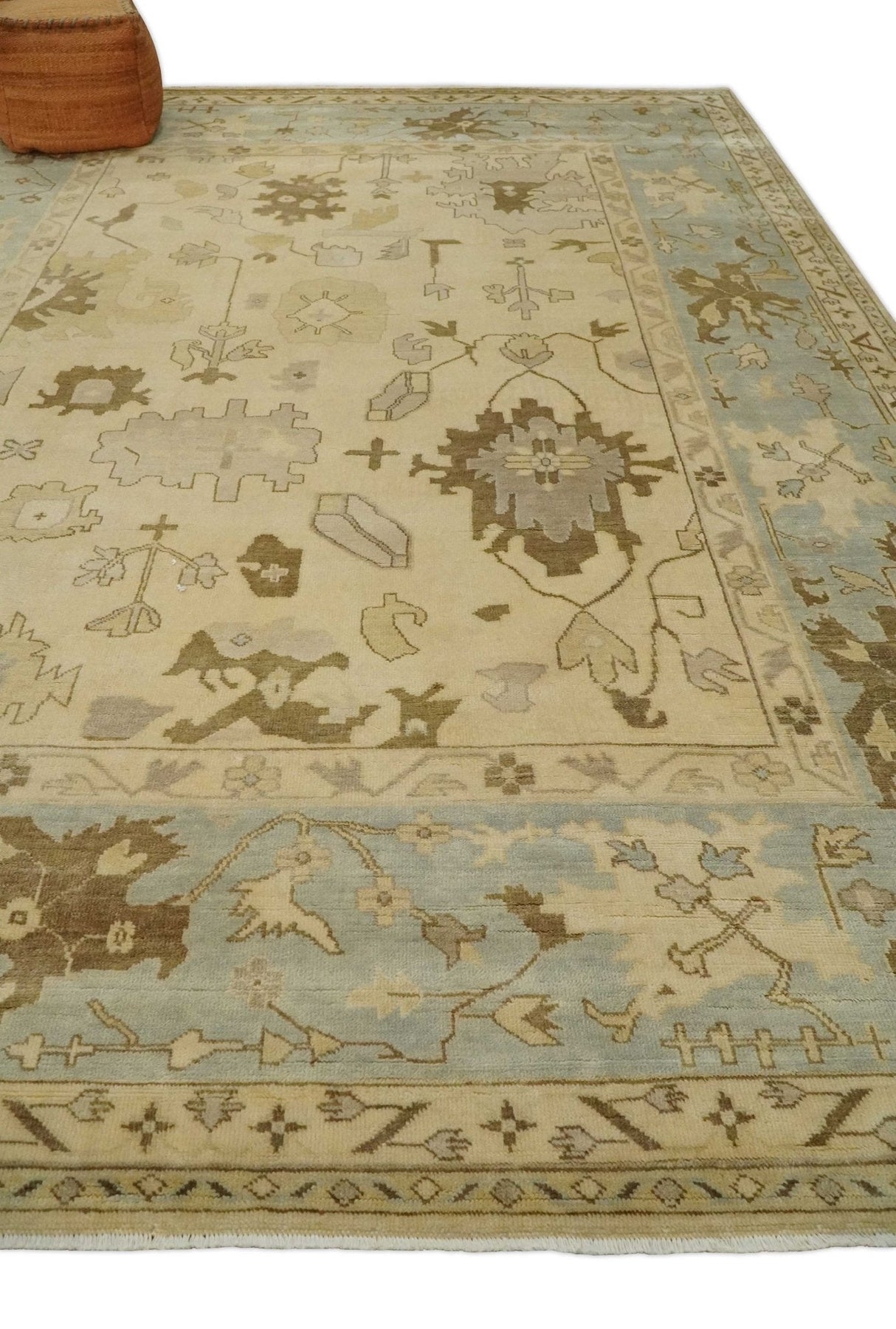 Antique Style Fine 9x13 Hand Knotted Beige, Silver and Brown Traditional Wool Rug