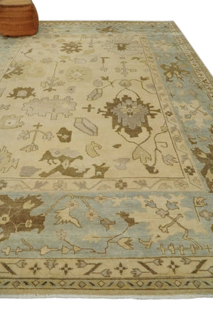 Antique Style Fine 9x13 Hand Knotted Beige, Silver and Brown Traditional Wool Rug