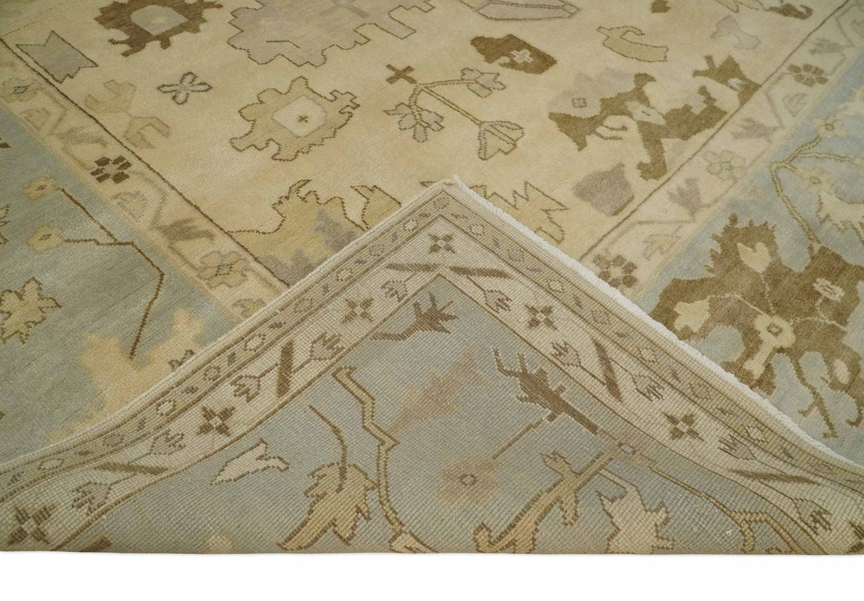 Antique Style Fine 9x13 Hand Knotted Beige, Silver and Brown Traditional Wool Rug