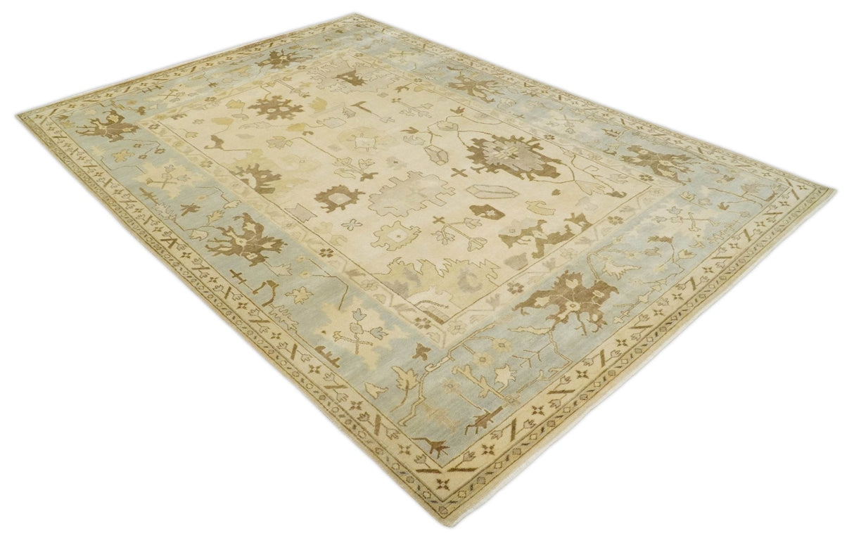 Antique Style Fine 9x13 Hand Knotted Beige, Silver and Brown Traditional Wool Rug