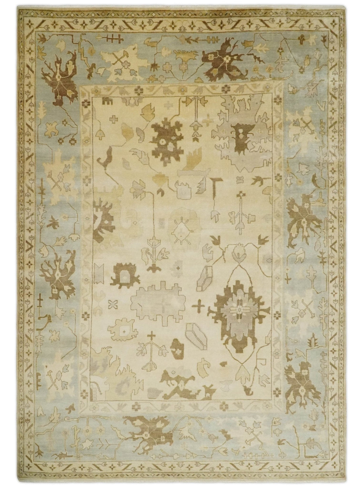 Antique Style Fine 9x13 Hand Knotted Beige, Silver and Brown Traditional Wool Rug
