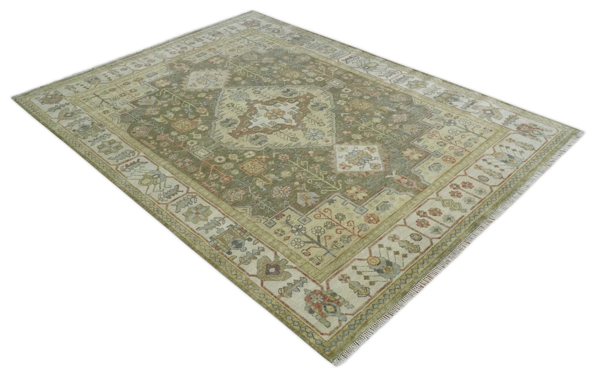 Antique Style Green, Ivory and Beige Hand knotted 9x12 wool Area Rug