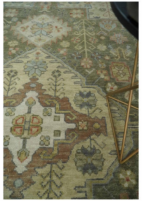 Antique Style Green, Ivory and Beige Hand knotted 9x12 wool Area Rug