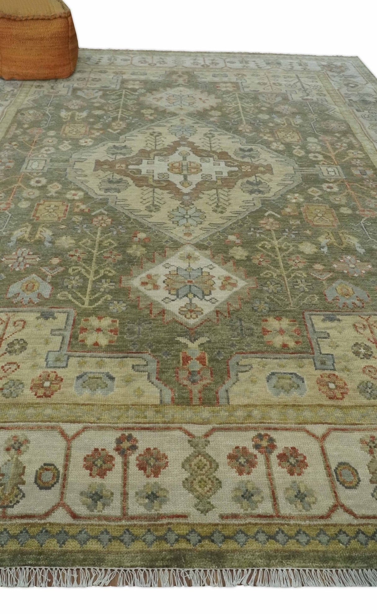 Antique Style Green, Ivory and Beige Hand knotted 9x12 wool Area Rug