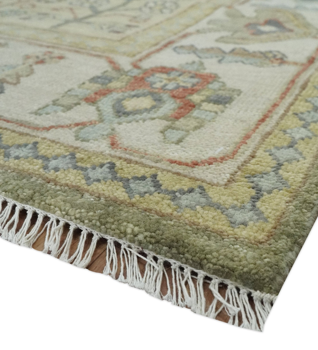 Antique Style Green, Ivory and Beige Hand knotted 9x12 wool Area Rug