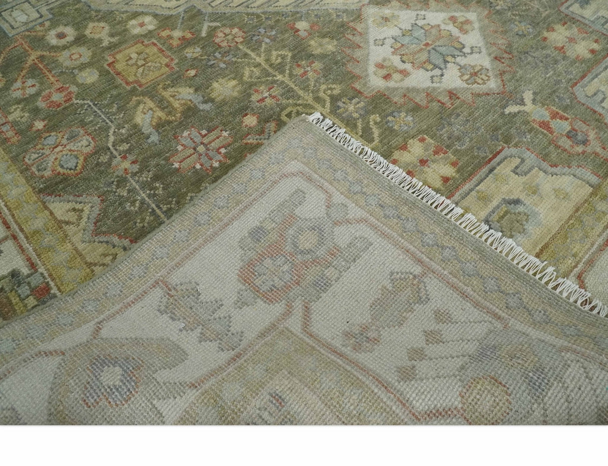 Antique Style Green, Ivory and Beige Hand knotted 9x12 wool Area Rug