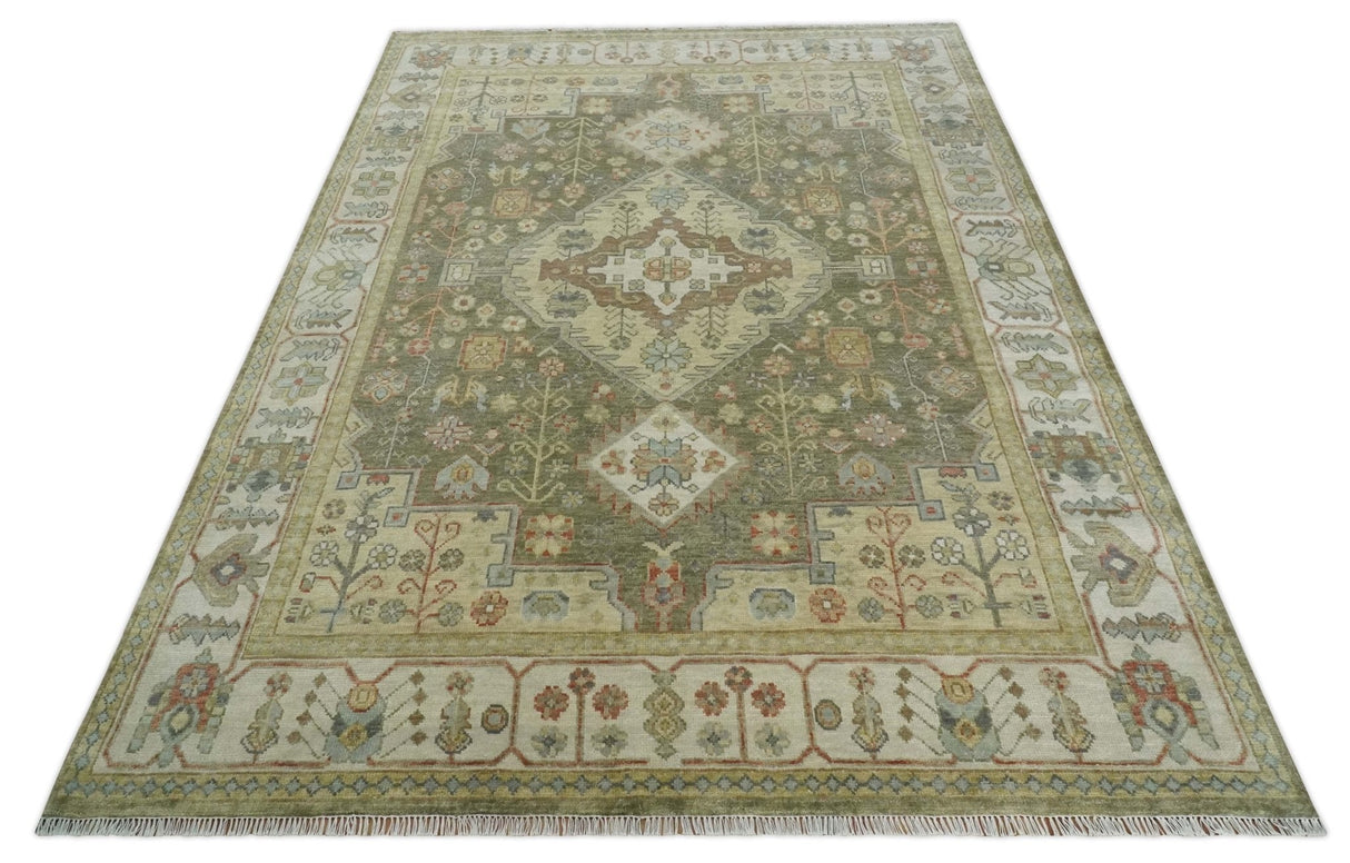 Antique Style Green, Ivory and Beige Hand knotted 9x12 wool Area Rug
