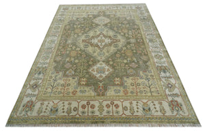 Antique Style Green, Ivory and Beige Hand knotted 9x12 wool Area Rug