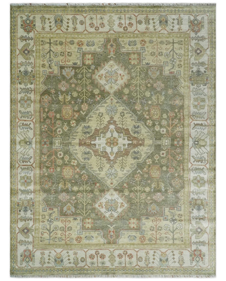 Antique Style Green, Ivory and Beige Hand knotted 9x12 wool Area Rug