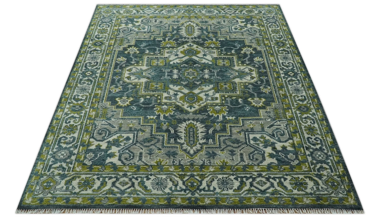 Antique Style Hand Knotted Teal, Gray and Green Traditional Heriz 8x10 wool area rug
