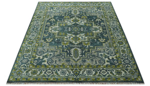 Antique Style Hand Knotted Teal, Gray and Green Traditional Heriz 8x10 wool area rug