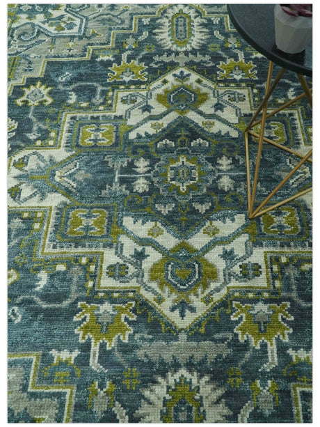 Antique Style Hand Knotted Teal, Gray and Green Traditional Heriz 8x10 wool area rug