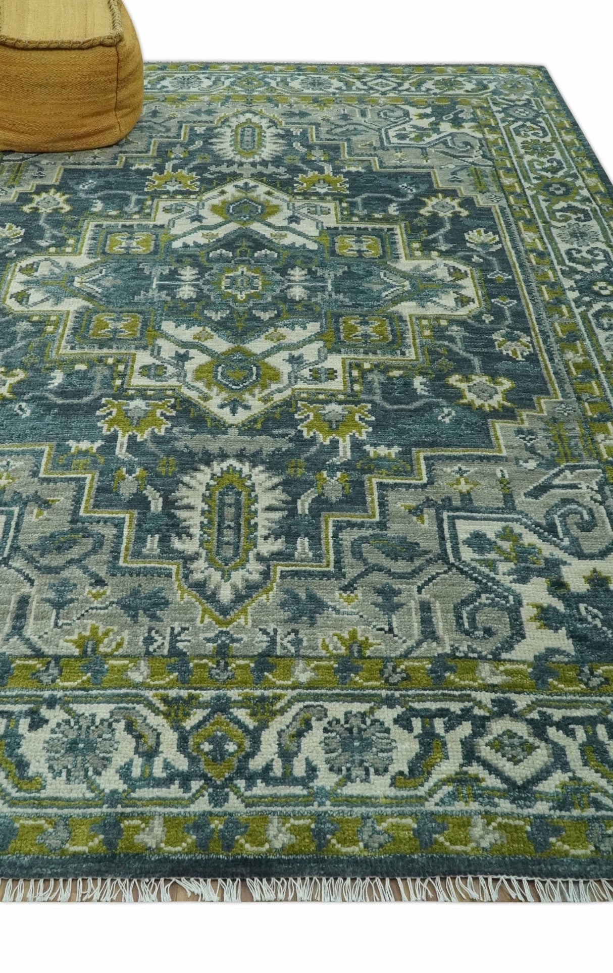 Antique Style Hand Knotted Teal, Gray and Green Traditional Heriz 8x10 wool area rug
