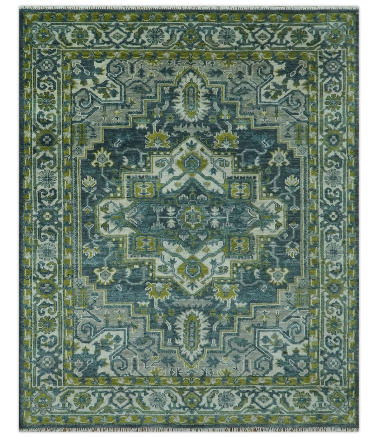 Antique Style Hand Knotted Teal, Gray and Green Traditional Heriz 8x10 wool area rug