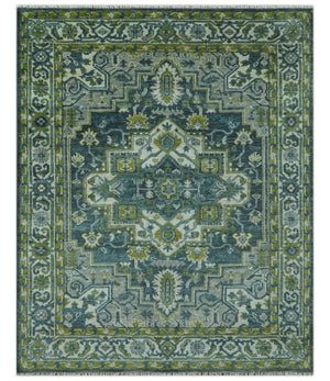 Antique Style Hand Knotted Teal, Gray and Green Traditional Heriz 8x10 wool area rug