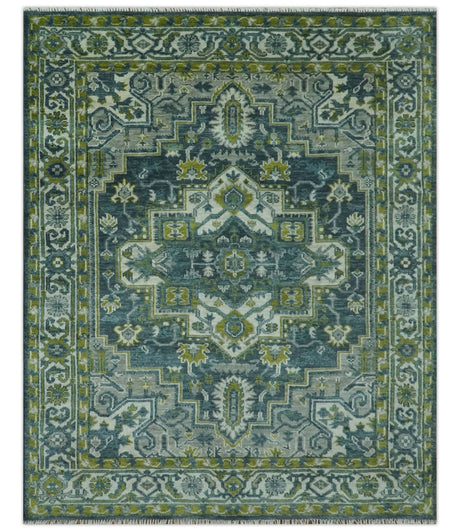 Antique Style Hand Knotted Teal, Gray and Green Traditional Heriz 8x10 wool area rug