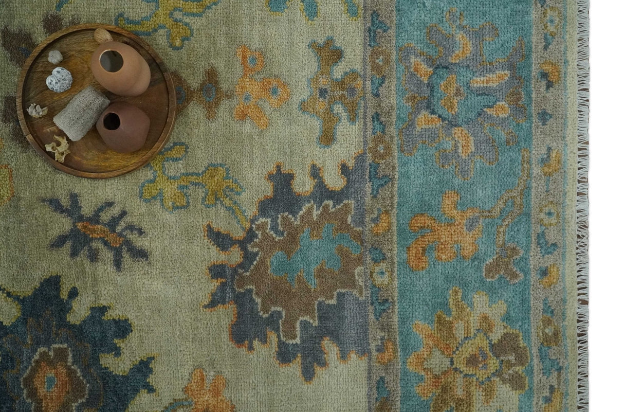 Antique Style Olive and Blue Hand knotted Traditional Oushak 8x10 wool Area Rug