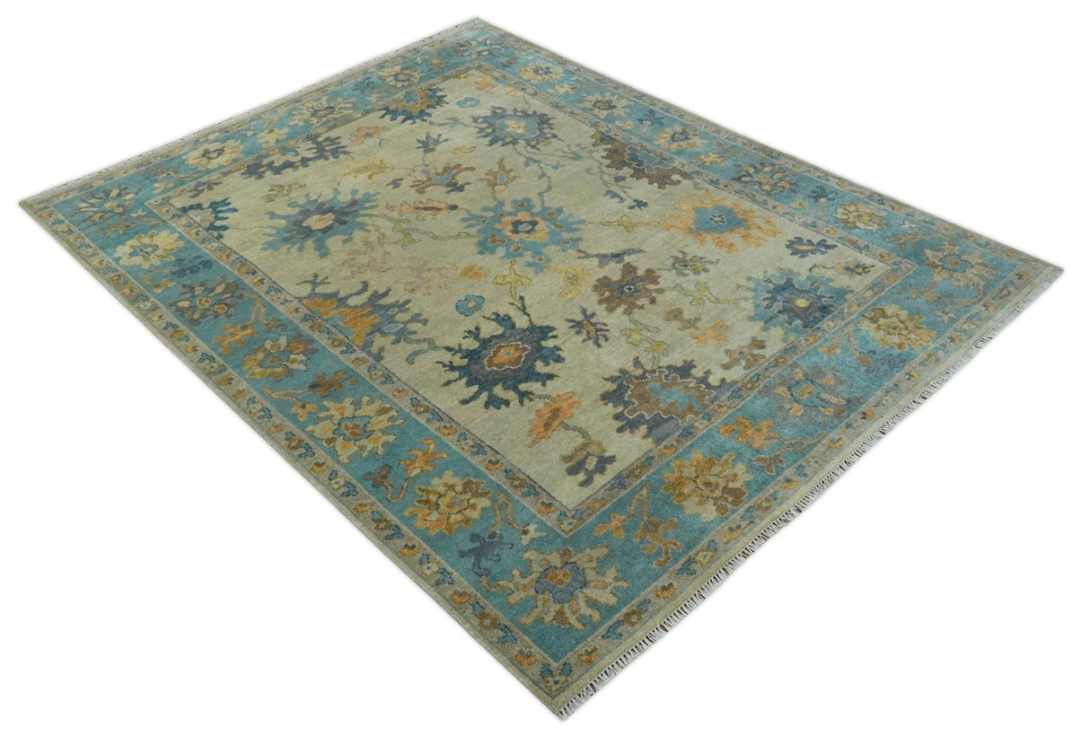 Antique Style Olive and Blue Hand knotted Traditional Oushak 8x10 wool Area Rug