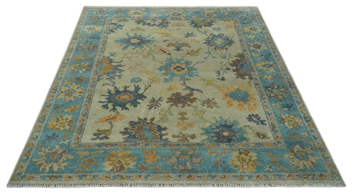 Antique Style Olive and Blue Hand knotted Traditional Oushak 8x10 wool Area Rug
