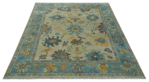 Antique Style Olive and Blue Hand knotted Traditional Oushak 8x10 wool Area Rug