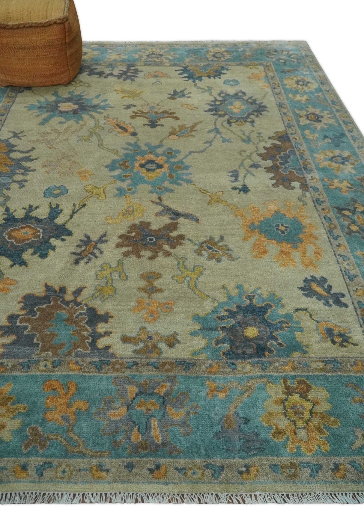 Antique Style Olive and Blue Hand knotted Traditional Oushak 8x10 wool Area Rug
