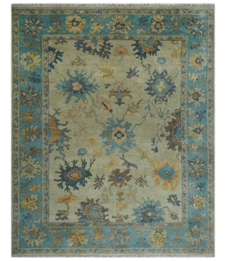 Antique Style Olive and Blue Hand knotted Traditional Oushak 8x10 wool Area Rug