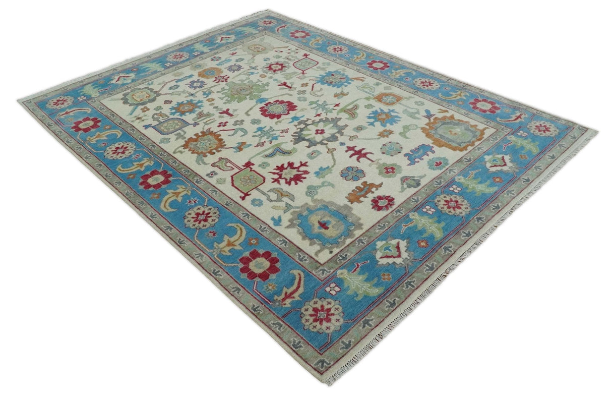 Antique Style Oushak 8x10 Wool Ivory and Blue Vibrant Colorful Hand knotted Area Rug