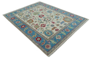 Antique Style Oushak 8x10 Wool Ivory and Blue Vibrant Colorful Hand knotted Area Rug