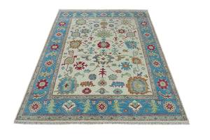 Antique Style Oushak 8x10 Wool Ivory and Blue Vibrant Colorful Hand knotted Area Rug
