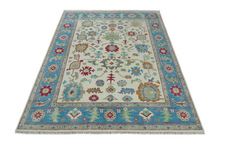 Antique Style Oushak 8x10 Wool Ivory and Blue Vibrant Colorful Hand knotted Area Rug