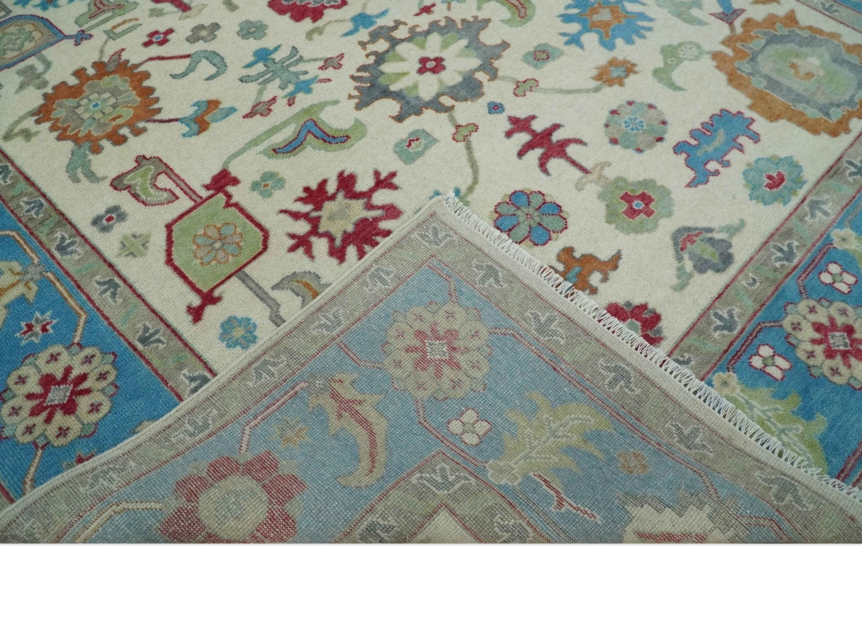 Antique Style Oushak 8x10 Wool Ivory and Blue Vibrant Colorful Hand knotted Area Rug