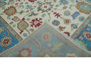Antique Style Oushak 8x10 Wool Ivory and Blue Vibrant Colorful Hand knotted Area Rug