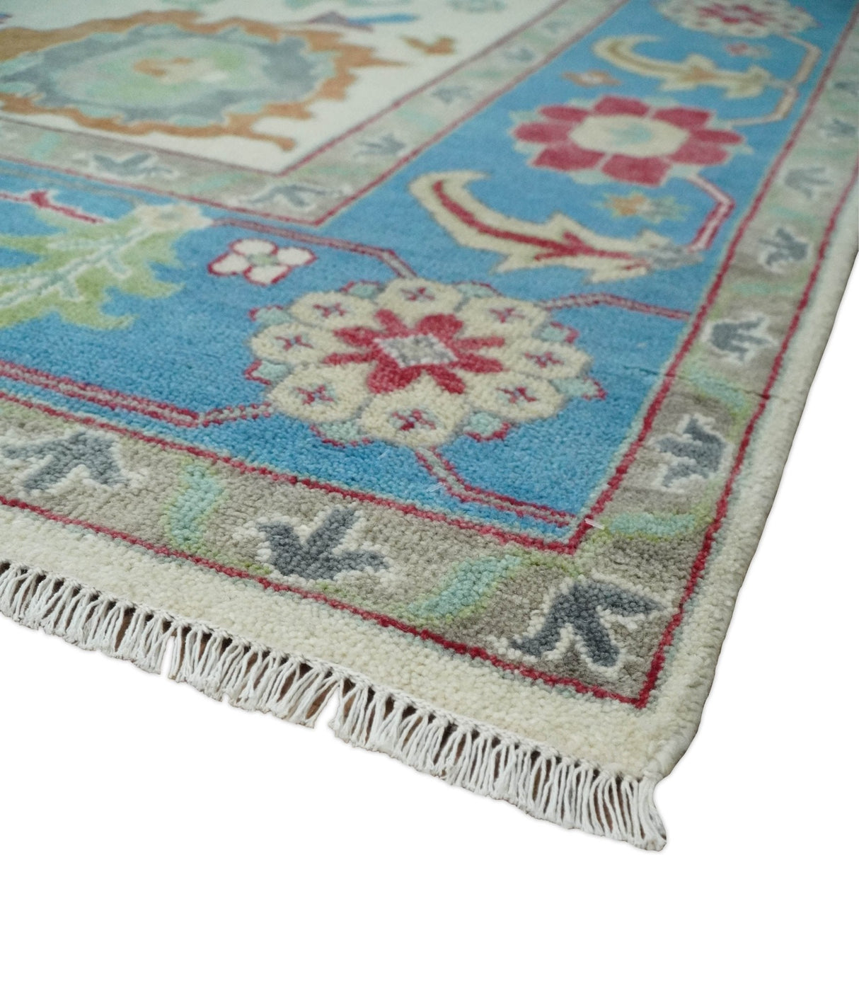 Antique Style Oushak 8x10 Wool Ivory and Blue Vibrant Colorful Hand knotted Area Rug