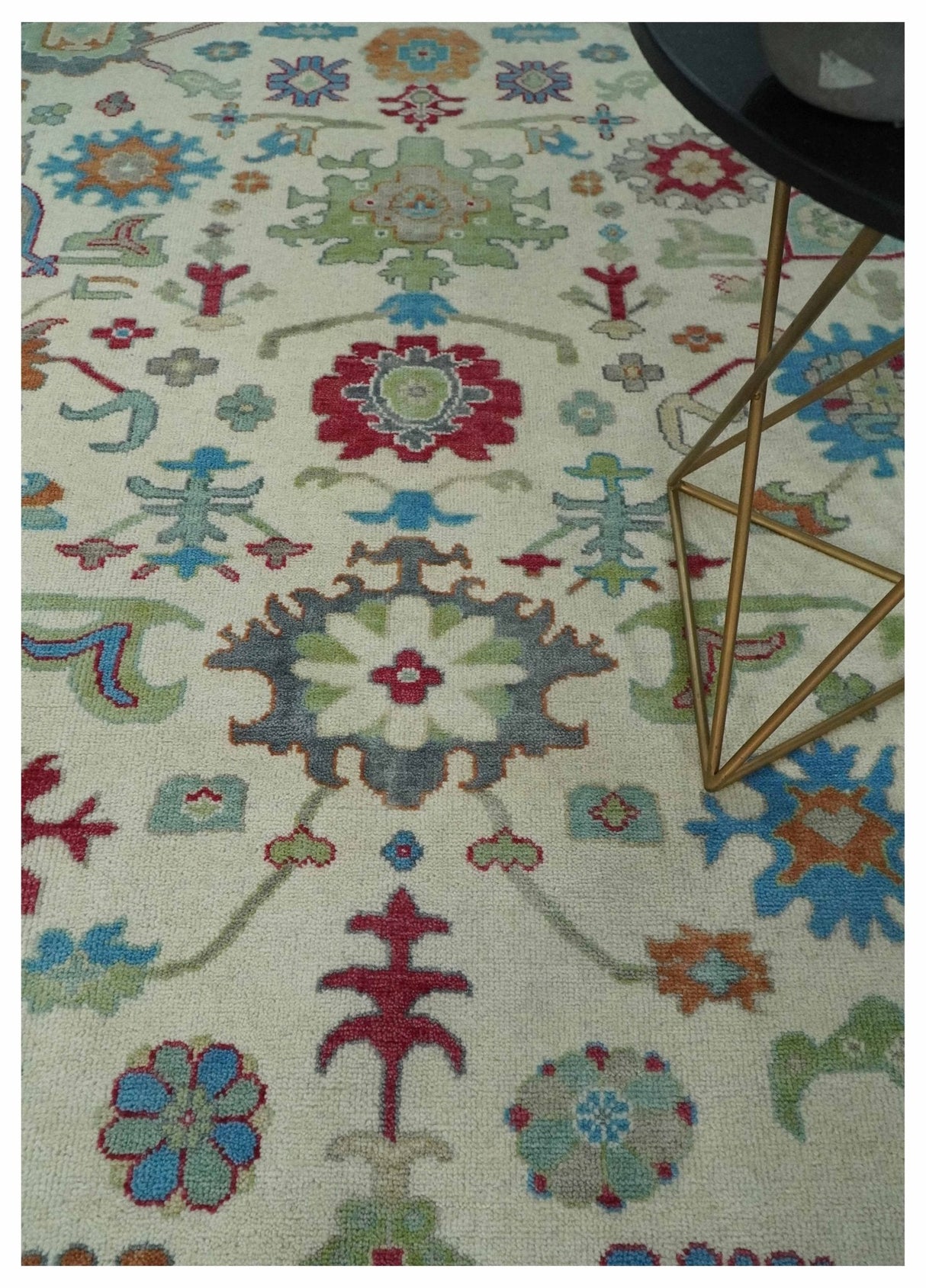 Antique Style Oushak 8x10 Wool Ivory and Blue Vibrant Colorful Hand knotted Area Rug