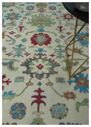 Antique Style Oushak 8x10 Wool Ivory and Blue Vibrant Colorful Hand knotted Area Rug
