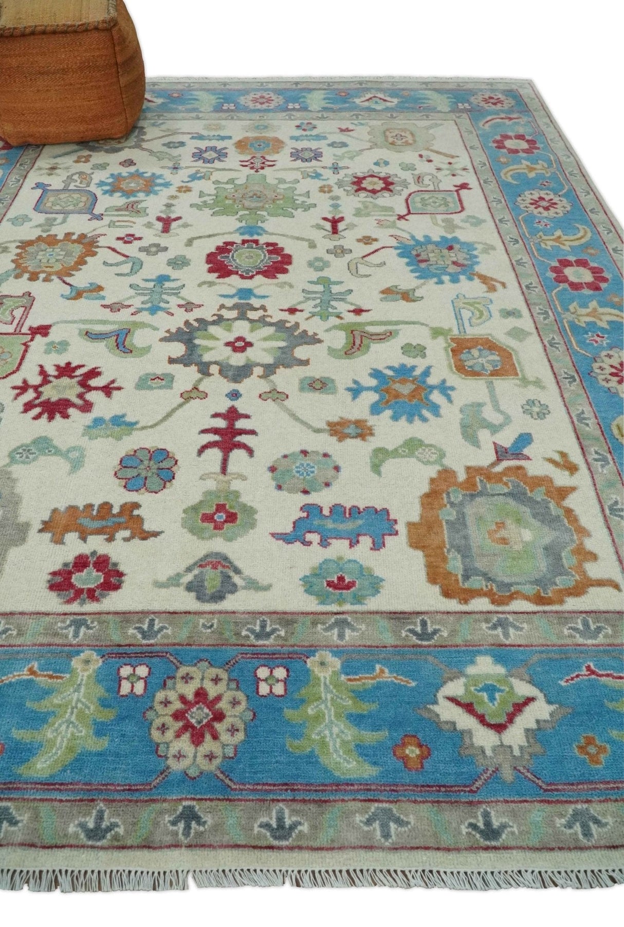 Antique Style Oushak 8x10 Wool Ivory and Blue Vibrant Colorful Hand knotted Area Rug