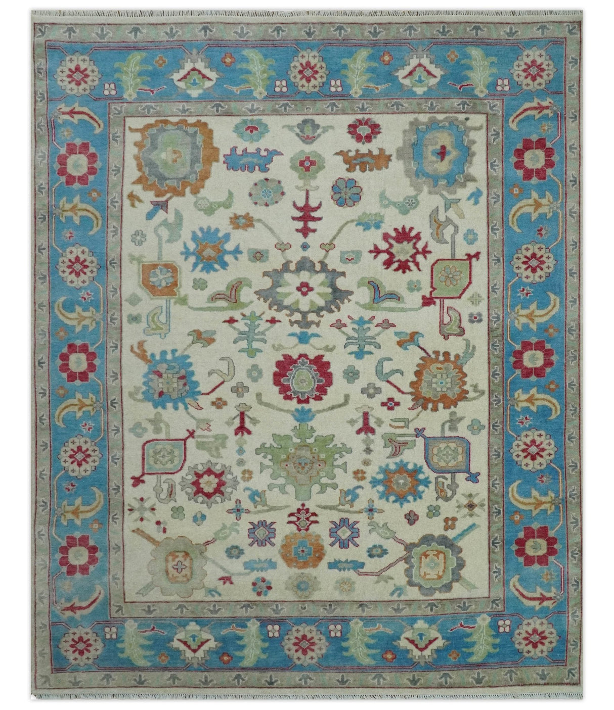 Antique Style Oushak 8x10 Wool Ivory and Blue Vibrant Colorful Hand knotted Area Rug