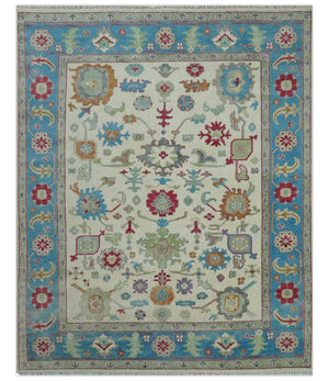Antique Style Oushak 8x10 Wool Ivory and Blue Vibrant Colorful Hand knotted Area Rug