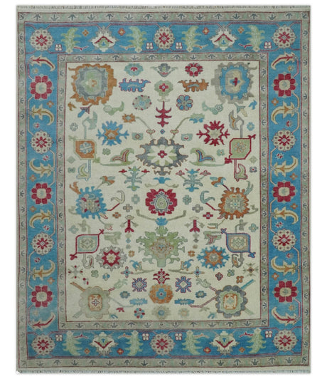 Antique Style Oushak 8x10 Wool Ivory and Blue Vibrant Colorful Hand knotted Area Rug