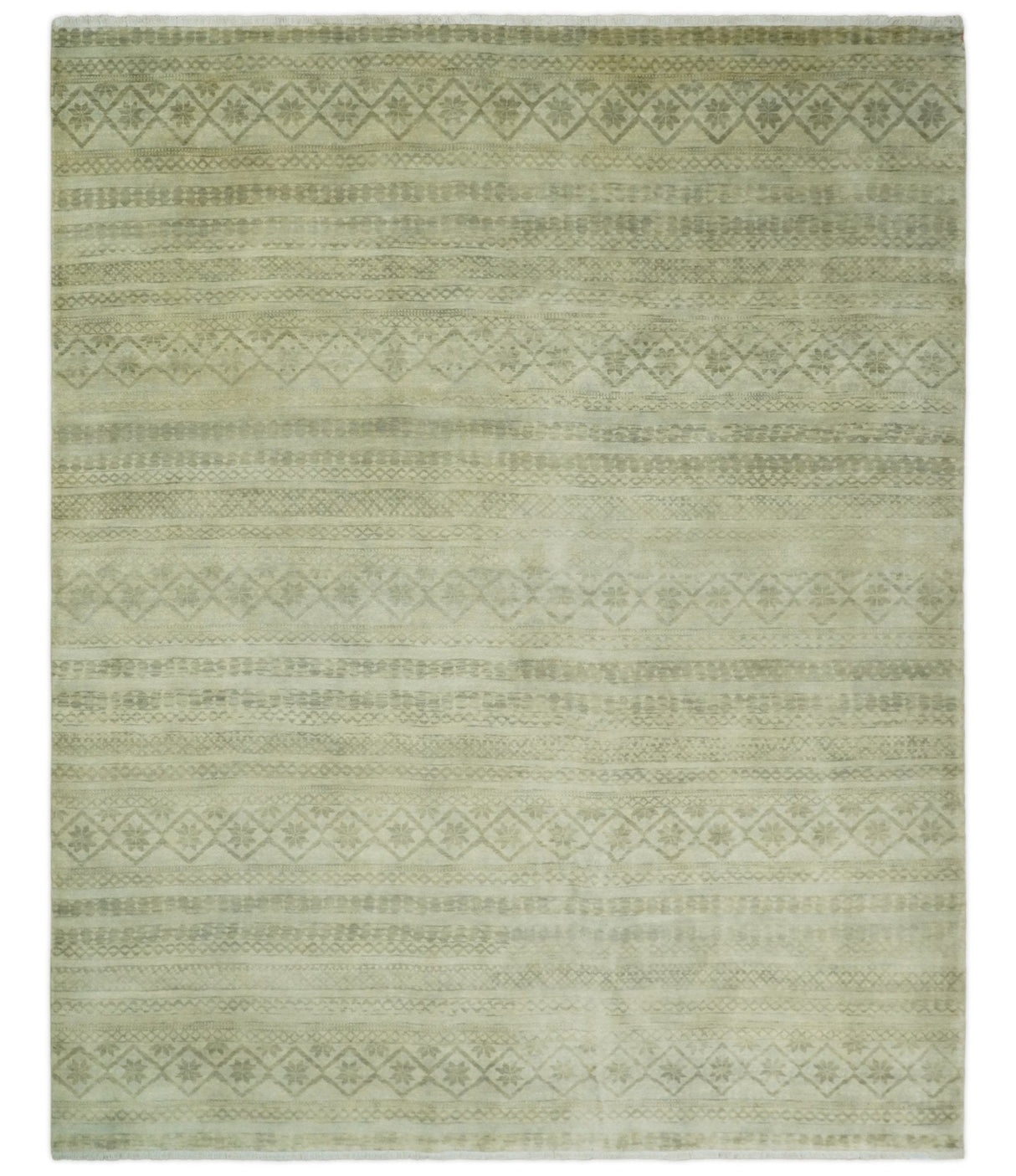 Antique faded 8x10 Vintage Oriental Traditional Olive and Beige Wool Area Rug | TRDCP547810