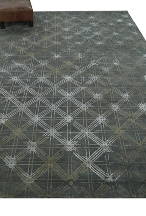 Antique look Charcoal, Ivory and Olive Geometrical Stripes Pattern Hand knotted 6x9 wool and Art Silk Area Rug