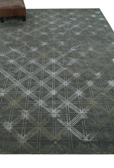 Antique look Charcoal, Ivory and Olive Geometrical Stripes Pattern Hand knotted 6x9 wool and Art Silk Area Rug