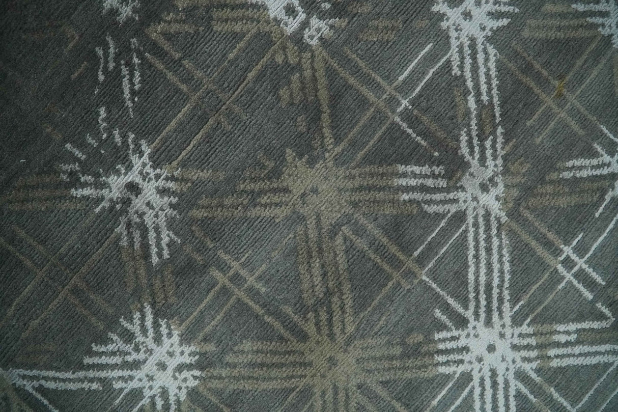 Antique look Charcoal, Ivory and Olive Geometrical Stripes Pattern Hand knotted 6x9 wool and Art Silk Area Rug