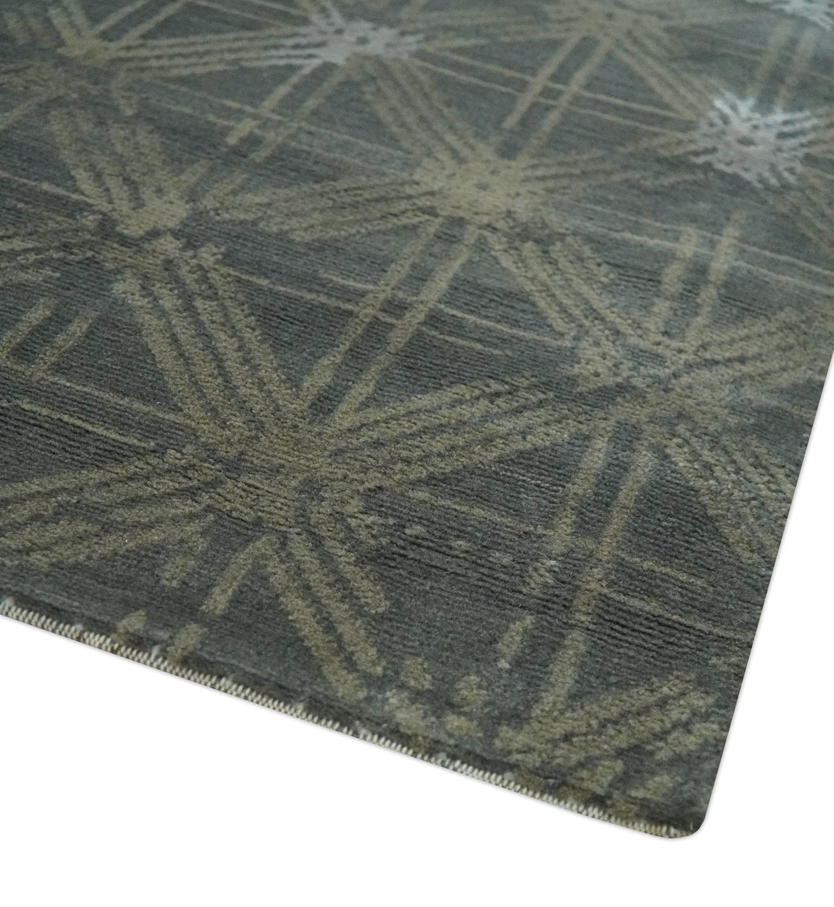 Antique look Charcoal, Ivory and Olive Geometrical Stripes Pattern Hand knotted 6x9 wool and Art Silk Area Rug