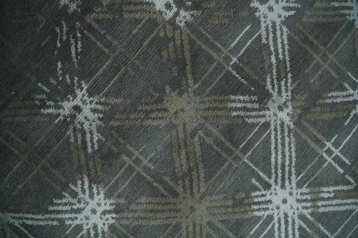 Antique look Charcoal, Ivory and Olive Geometrical Stripes Pattern Hand knotted 6x9 wool and Art Silk Area Rug