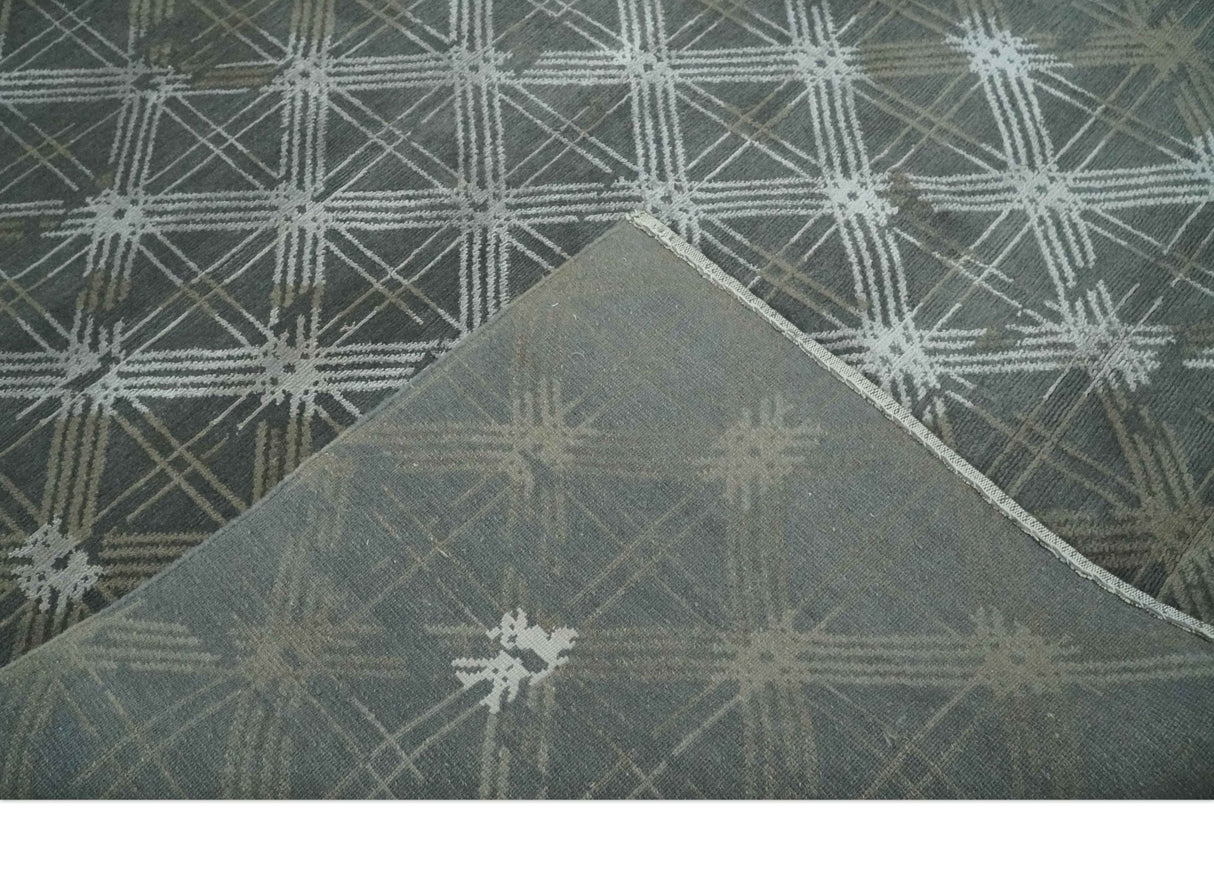 Antique look Charcoal, Ivory and Olive Geometrical Stripes Pattern Hand knotted 6x9 wool and Art Silk Area Rug